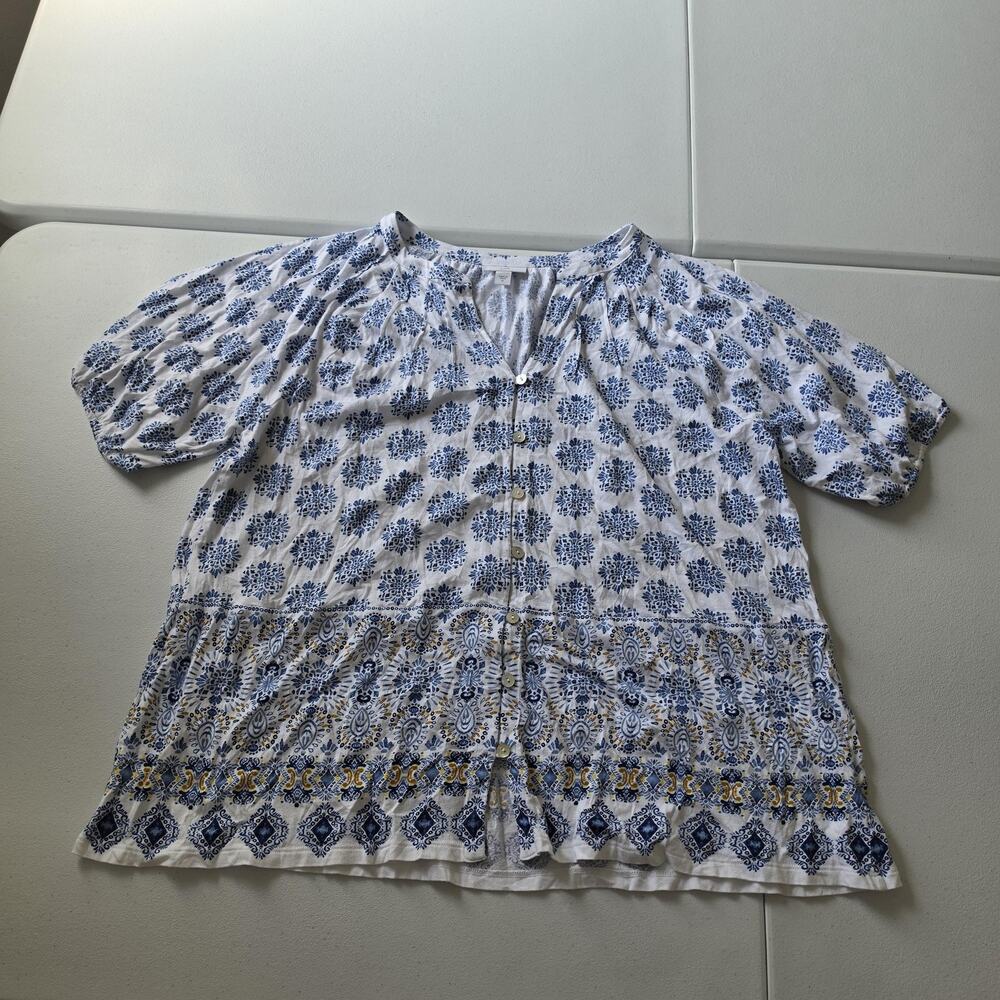J. Jill Tunic Blouse Womens XL Blue Floral Button Short Sleeve Top Summer Boho